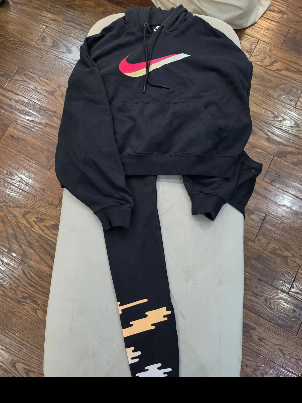 Women's Nike, Black Colorful Graphic Leggings & Hoodie With Pink Swooshes